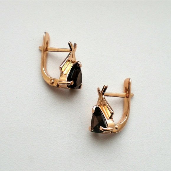 Russian Russia 14K 585 Rose Pink Gold Smokey Topaz Triangle Pierced Earrings - Picture 2 of 6